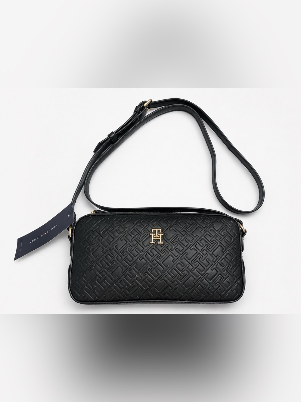 Tommy Hilfiger Black Quilted Logo Crossbody Bag with Gold Accent